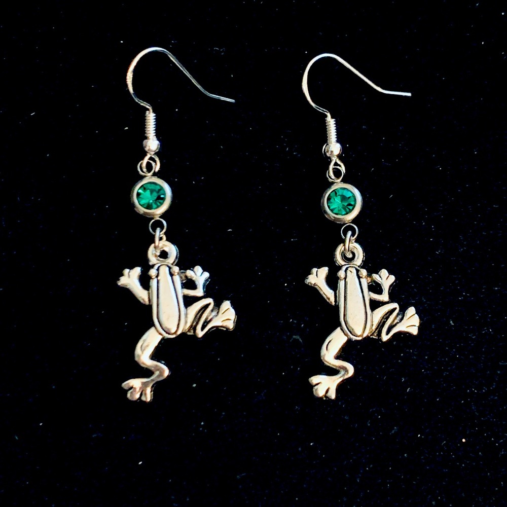 Frogs themed silver dangle earrings with rhinestones